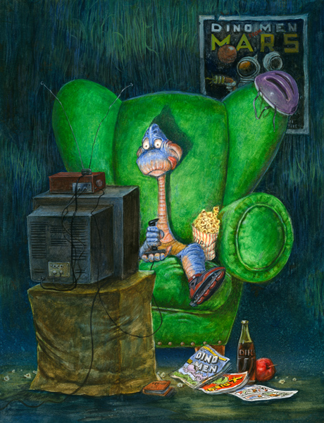 Painting:  Dino Playing Video Games (dinosaur playing video games with snacks at the ready).  Original painting by Jim Harris.